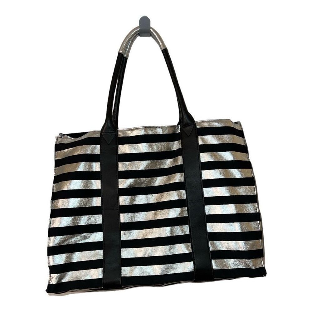 Victoria's Secret X-Large Black Metallic Silver Horizontal Striped Tote Bag - Picture 3 of 5